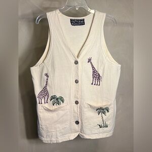 CRYSTAL Women’s VTG Sleeveless Safari Giraffe Animal 100% Cotton Vest,USA|Sz:S/M